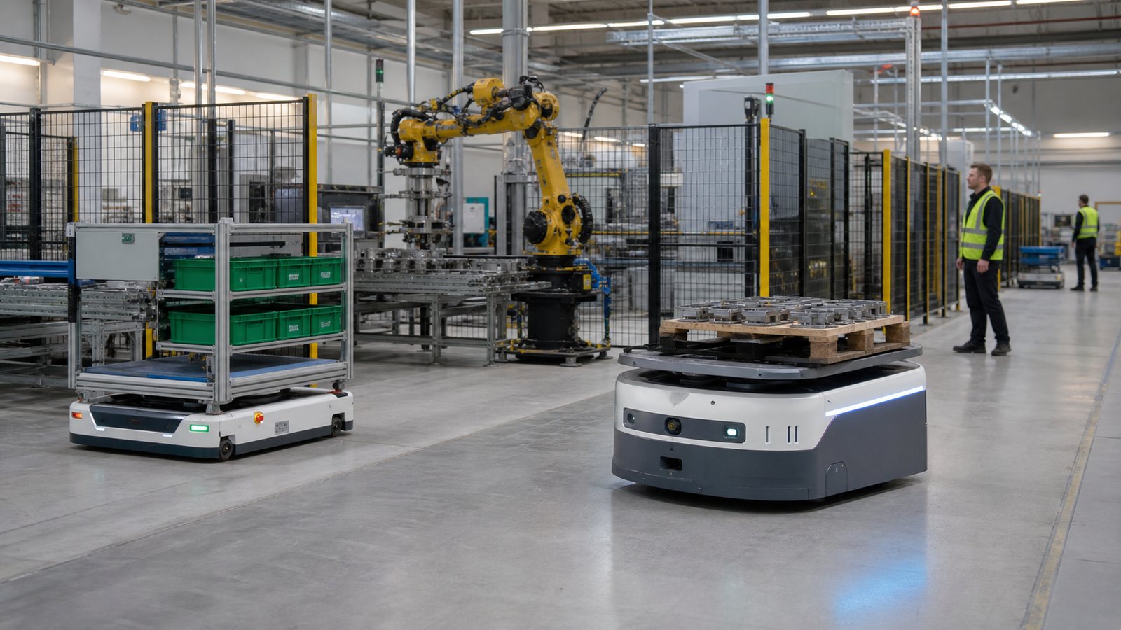 Документальная промышленная фотография по теме «AGV или AMR: что выбрать — полное сравнение»; иллюстрация к материалу «agv или amr: что выбрать — полное ср